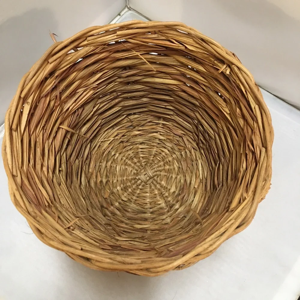 Woven Wicker Basket Home Decor Small Tan Round Rustic Boho Waste Bin Cottagecore